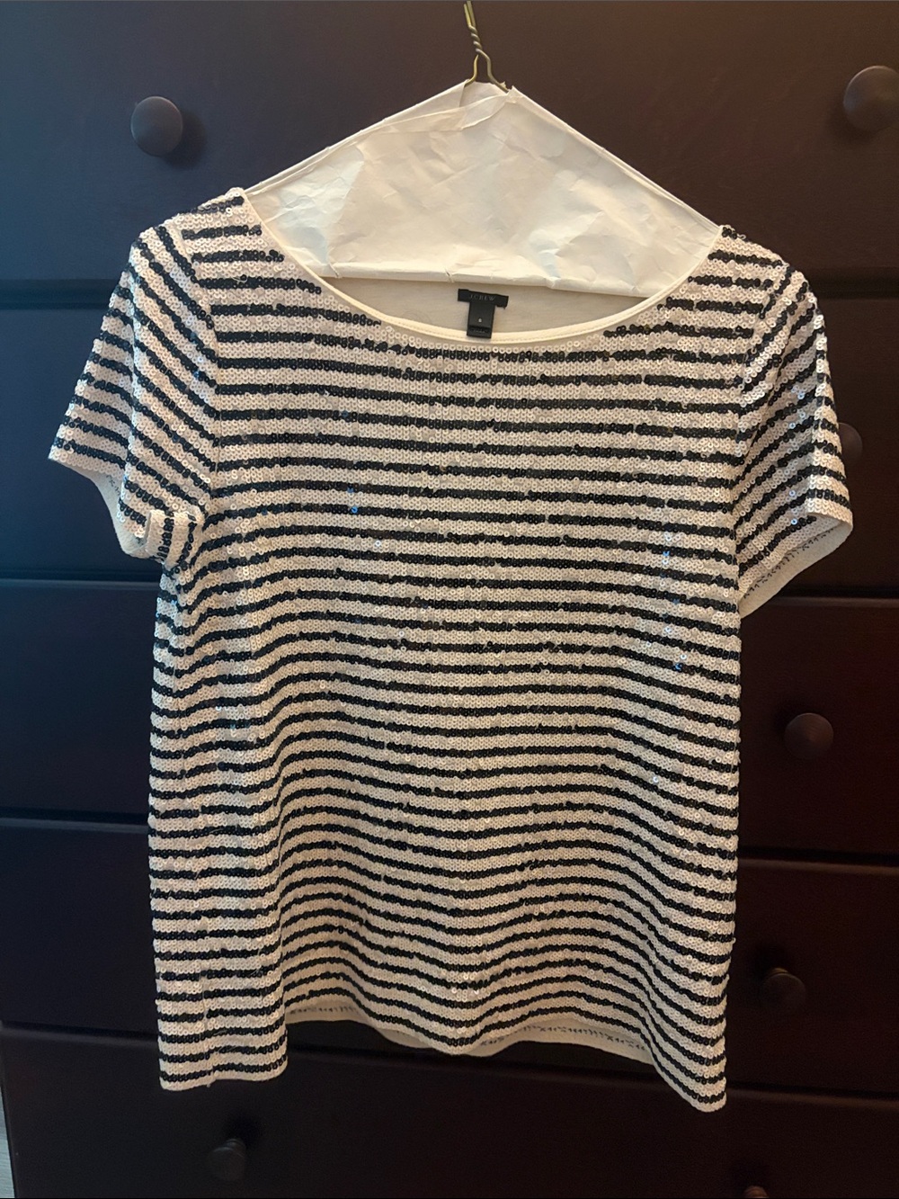 J Crew Striped Short-Sleeve Sequin Top - White/Black